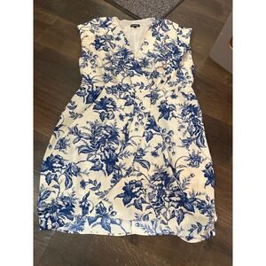 Express Women XL Blue White Floral Toile Sleeveless Wrap V-Neck Tulip Dress